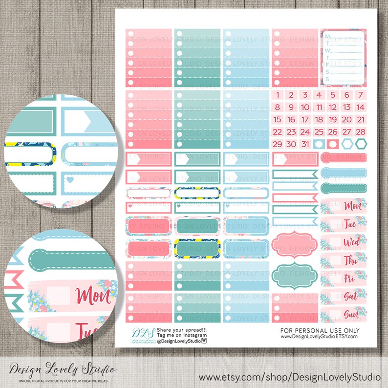 May include: A set of printable planner stickers featuring floral designs in pink, blue, and green. The stickers include boxes, circles, and banners with days of the week and numbers for a monthly calendar.