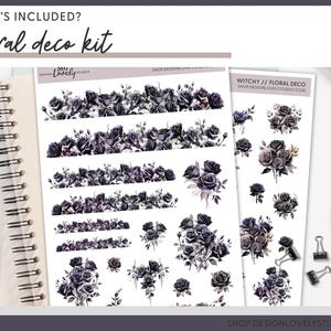 May include: A set of black and white floral stickers with the text "Witchy // Floral Deco" and "Shop DesignLovelyStudio.com". The stickers feature various arrangements of black roses and leaves.