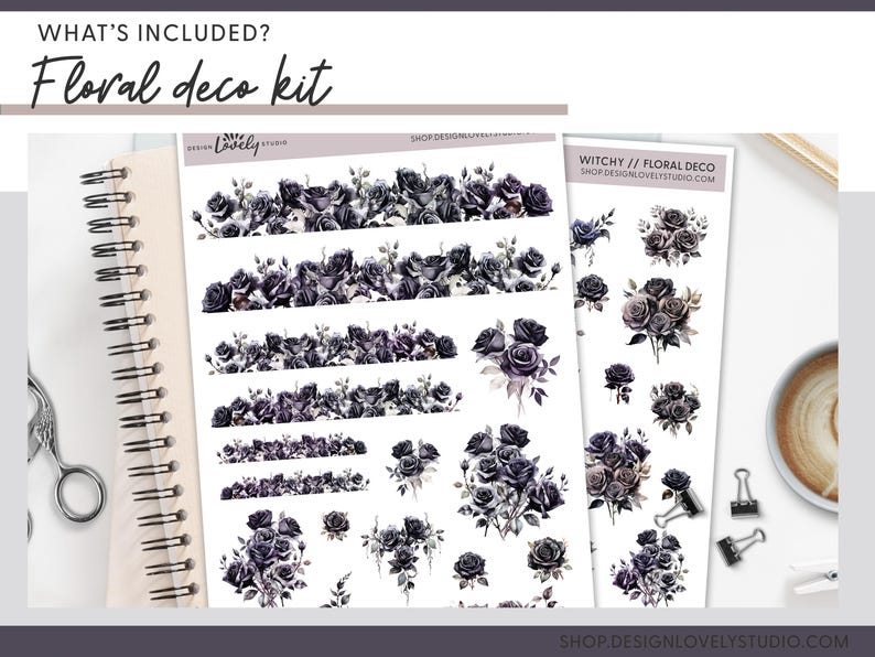 May include: A set of black and white floral stickers with the text "Witchy // Floral Deco" and "Shop DesignLovelyStudio.com". The stickers feature various arrangements of black roses and leaves.