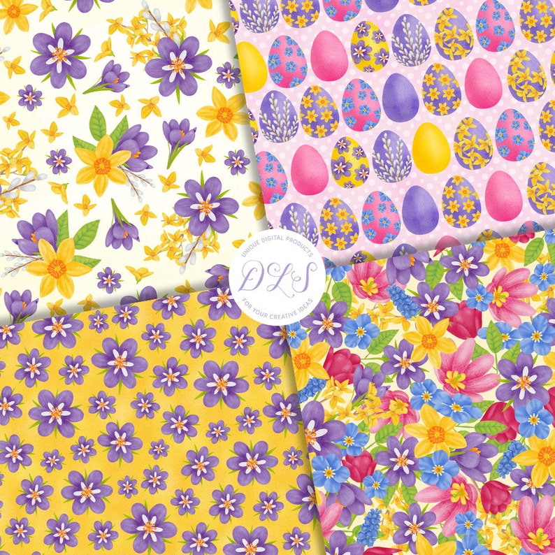 May include: Four digital paper designs featuring watercolor illustrations of spring flowers and Easter eggs. The designs include yellow daffodils, purple crocuses, blue forget-me-nots, pink tulips, and yellow, pink, and purple Easter eggs.