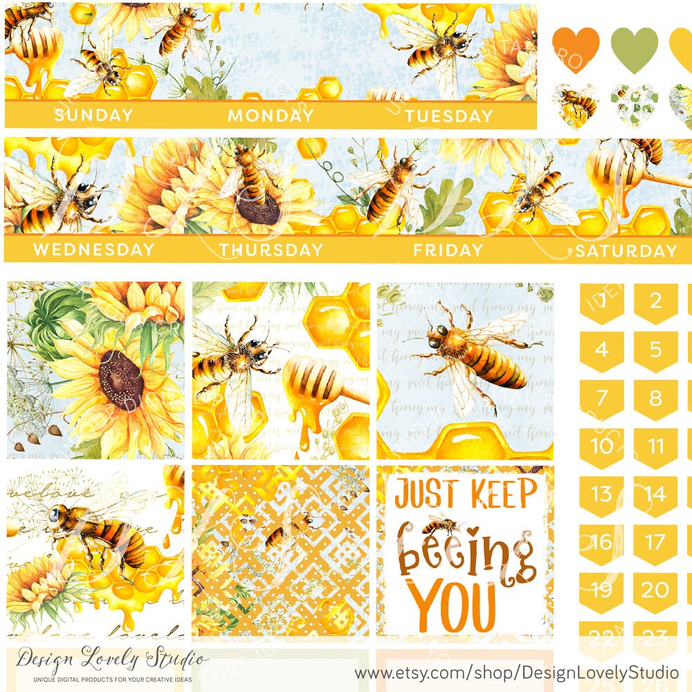 PRINTABLE Happy Planner Monthly Stickers Kit, Honey Bee Monthly Planner ...