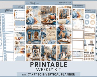 Cozy Reading Fall Printable Planner Stickers, Erin Condren Vertical Weekly Kit, Rainy Bookshop Theme, VS308