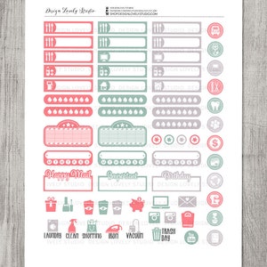 May include: A printable sheet of stickers for a planner or journal. The stickers are in pink, gray, and green and feature icons for daily tasks, such as laundry, cleaning, shopping, ironing, vacuuming, trash day, and more.
