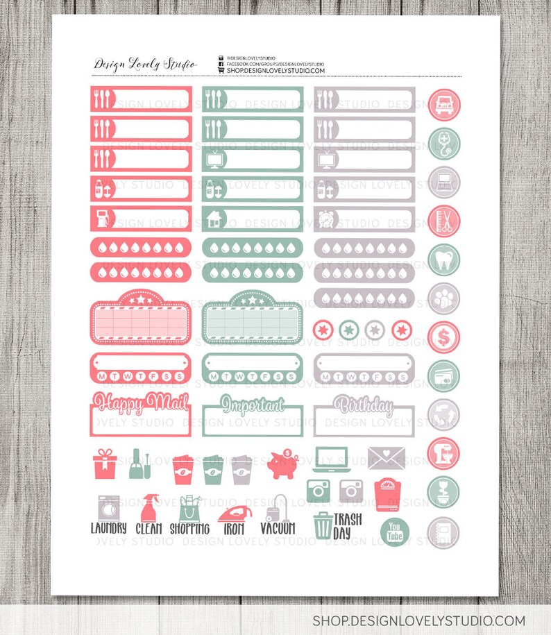 May include: A printable sheet of stickers for a planner or journal. The stickers are in pink, gray, and green and feature icons for daily tasks, such as laundry, cleaning, shopping, ironing, vacuuming, trash day, and more.