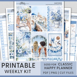 Autocollants imprimables d'agenda d'été, autocollants d'agenda de la côte méditerranéenne, Santorin, Grèce, kit d'autocollants hebdomadaires Happy Planner, HP254