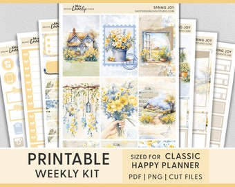Floral Planner Stickers, Spring Planner Printable Stickers for Happy Planner, Cottagecore Stickers, Yellow Blue, Weekly Sticker Kit, HP251