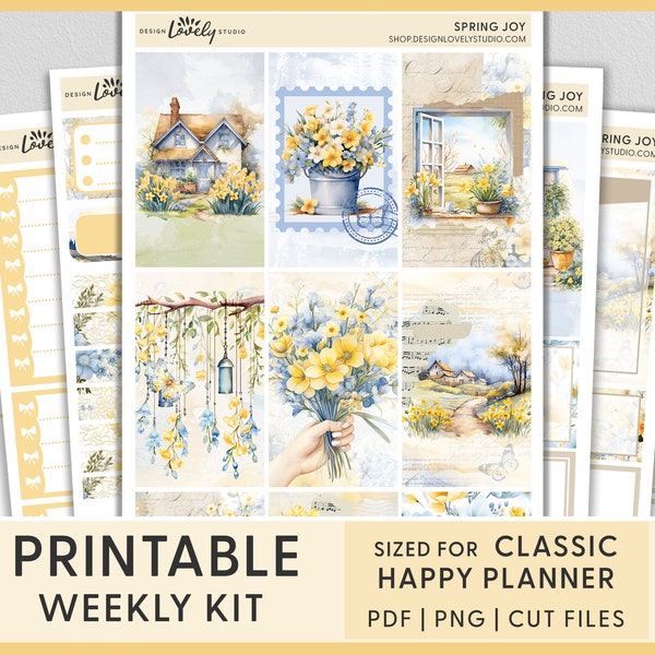 Floral Planner Stickers, Spring Planner Printable Stickers for Happy Planner, Cottagecore Stickers, Yellow Blue, Weekly Sticker Kit, HP251