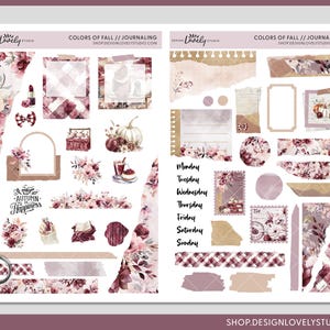 May include: A set of printable fall-themed stickers with a variety of designs, including floral patterns, plaid, and fall leaves. The stickers feature the text "Autumn is Happiness" and "Colors of Fall // Journaling".