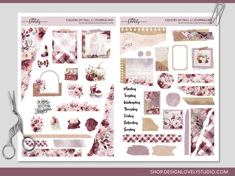 May include: A set of printable fall-themed stickers with a variety of designs, including floral patterns, plaid, and fall leaves. The stickers feature the text "Autumn is Happiness" and "Colors of Fall // Journaling".