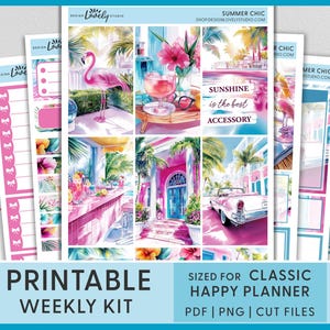 Kit de pegatinas semanales de Palm Beach, pegatinas imprimibles de verano para el clásico Happy Planner, temática de flamencos y trópicos, hibisco, rosa, HP277