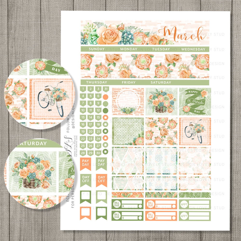 March Monthly Stickers Kit, March Monthly View for Erin Condren, St ...