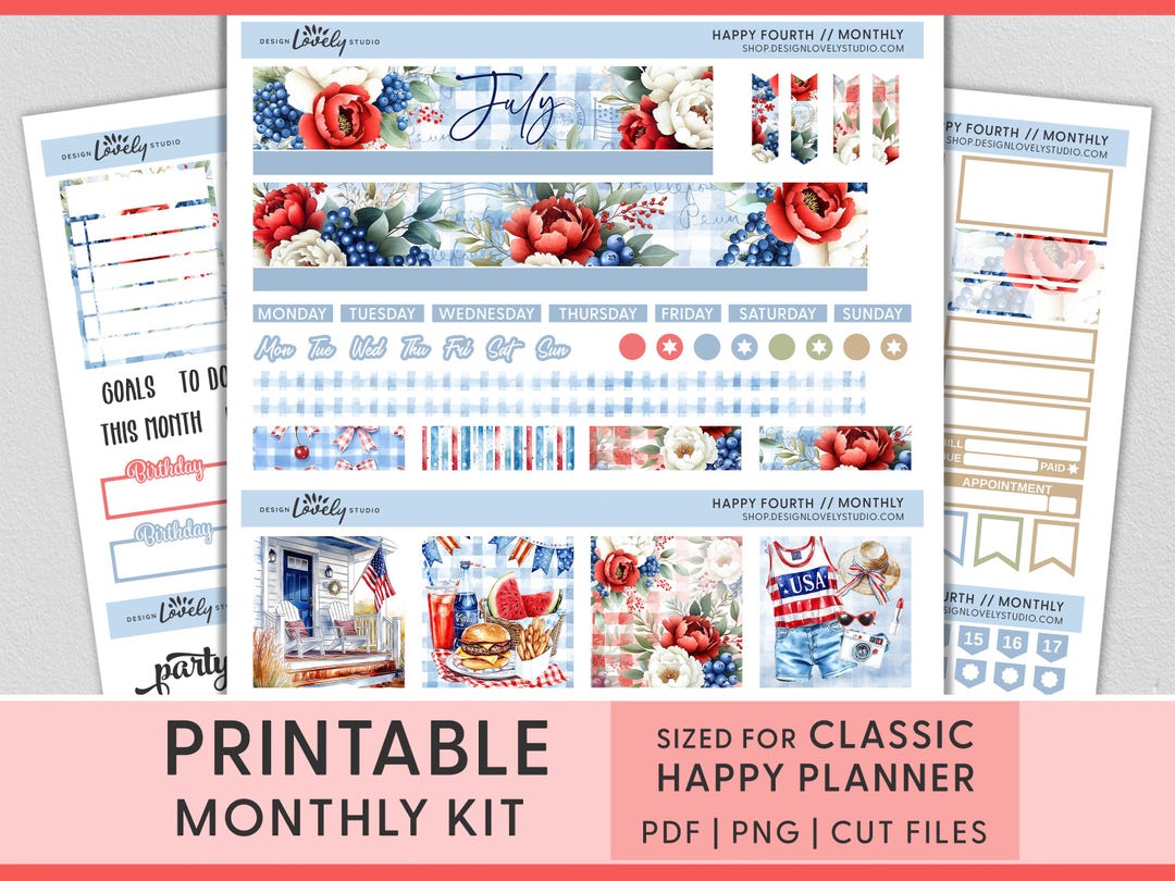July Monthly Kit – 4th of July Printable Planner Stickers for Happy ...