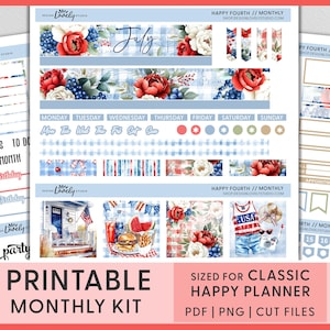 July Monthly Kit – 4th of July Printable Planner Stickers for Happy Planner, Patriotic Stars and Stripes, Summer BBQ & USA Theme, HPMV274