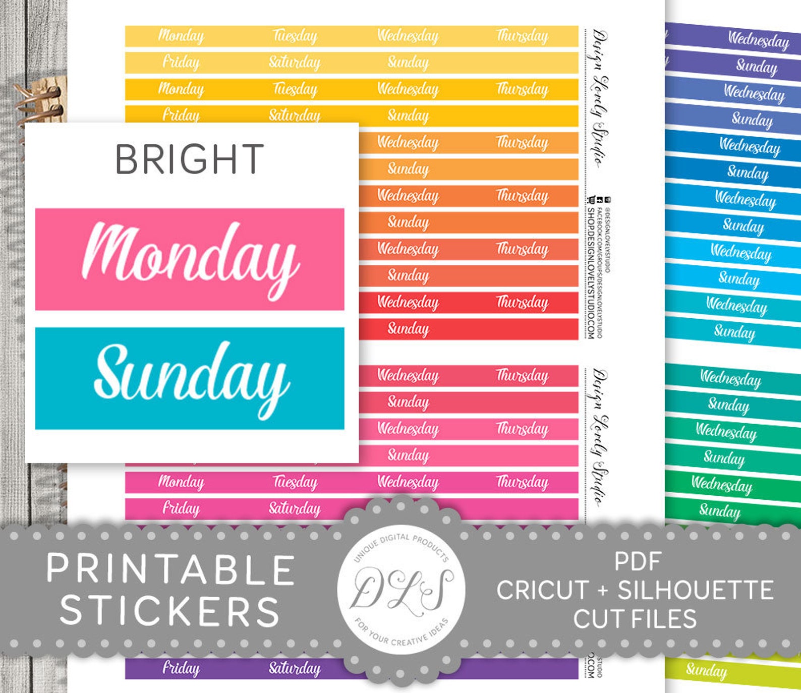 Monday Sticker Line Date Cover Stickers, Monday Sunday Planner Stickers, Monday to Sunday ...