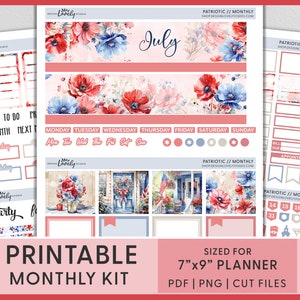 July Monthly Kit, July Planner Stickers, 4th of July Stickers, Independence Day, Printable Planner Stickers, Erin Condren Monthly Kit, MV252