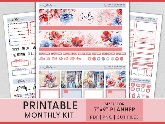 July Monthly Kit, July Planner Stickers, 4th of July Stickers, Independence Day, Printable Planner Stickers, Erin Condren Monthly Kit, MV252