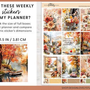 May include: A sheet of planner stickers with a fall foliage theme. The stickers include watercolor images of autumn scenes, a lake with a boat, and text that reads "Where the leaves fall, magic grows." The sticker dimensions are 1.9 inches by 4.8 inches.