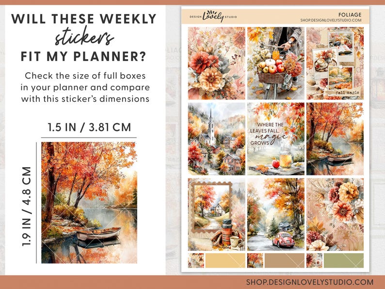May include: A sheet of planner stickers with a fall foliage theme. The stickers include watercolor images of autumn scenes, a lake with a boat, and text that reads "Where the leaves fall, magic grows." The sticker dimensions are 1.9 inches by 4.8 inches.