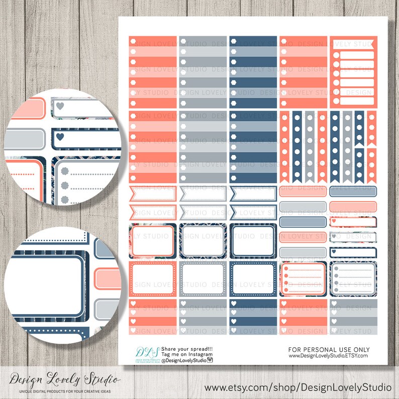 May include: A sheet of planner stickers with a variety of designs in coral, navy blue, and gray. The stickers include boxes, banners, and decorative elements. The text "Design Lovely Studio" is visible, along with social media handles and a website address.