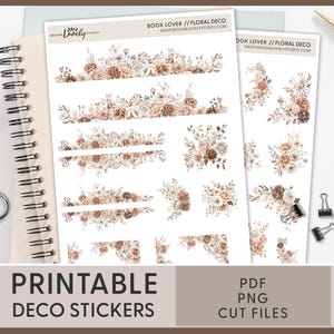 Boho Floral Stickers, Beige Floral Deco Stickers, Floral Journaling Stickers, Book Lover Collection, Printable, Bullet Journal, JS205