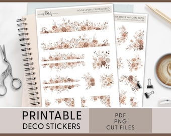 Boho Floral Stickers, Beige Floral Deco Stickers, Floral Journaling Stickers, Book Lover Collection, Printable, Bullet Journal, JS205
