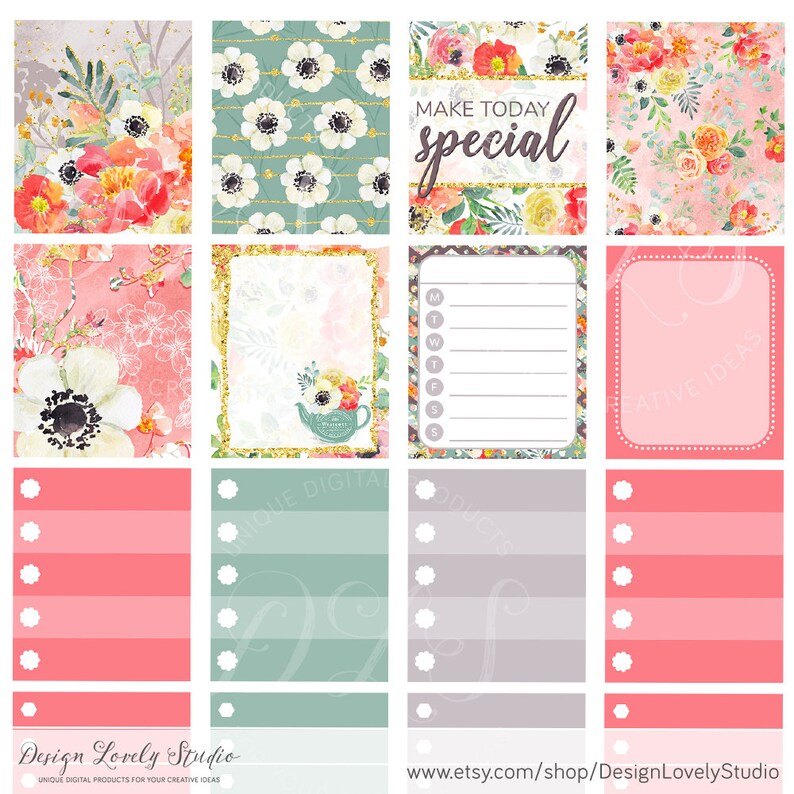 May include: A set of printable planner stickers featuring floral designs, a teapot, and a to-do list. The stickers are in shades of pink, green, and white with gold accents. The text "Make today special" is included on one of the stickers.