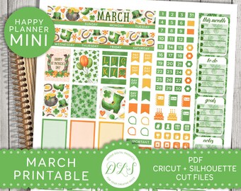 May include: A printable planner sticker sheet with a St. Patrick's Day theme. The sheet features green shamrocks, gold coins, leprechaun hats, and a lucky horseshoe. The sheet also includes a calendar for March, with days of the week and numbers. The sheet is designed for use with a planner or journal.