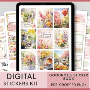 May include: A digital sticker kit for Goodnotes featuring pre-cropped PNG images of watercolor illustrations with floral and city scenes. The stickers include quotes like "Happiness lives inside of the smallest moments".