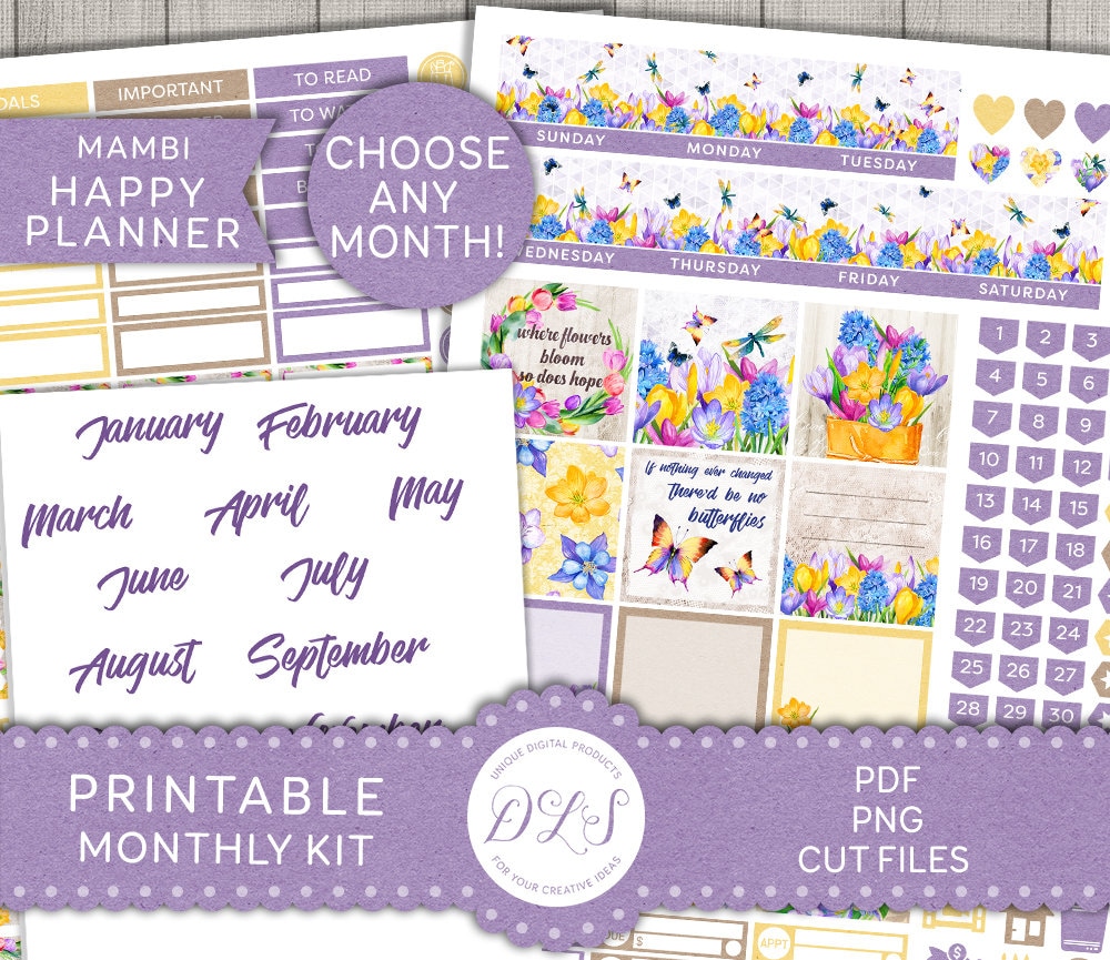 Printable FLORAL Monthly Planner Stickers, Classic Happy Planner ...