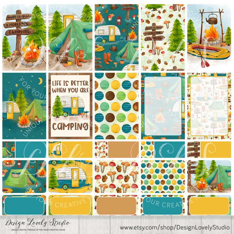 May include: A set of 16 digital planner stickers featuring a camping theme. The stickers include a camper van, a tent, a campfire, a canoe, and a variety of other camping-related images. The stickers are in a watercolor style and have a rustic, vintage feel.