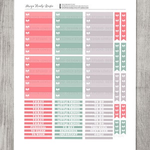 May include: A printable sheet of planner stickers with a pink, green, and gray color scheme. The stickers feature bows, lines, and text such as "Today", "Little Things", "To Do", "This Week", "Next Week", "Goals", "Personal", "To Clean", "To Wash", "To Buy", "Remember", and "Important".