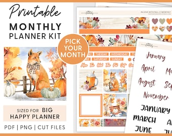 Op de afbeelding: Printbare maandelijkse plannerset met een herfstthema. De set bevat een vos, pompoenen, bladeren en een koffiebeker. De set is geschikt voor een Big Happy Planner. De tekst "Kies uw maand" staat op de afbeelding. De tekst "PDF | PNG | SNIJBESTANDEN" staat op de afbeelding.