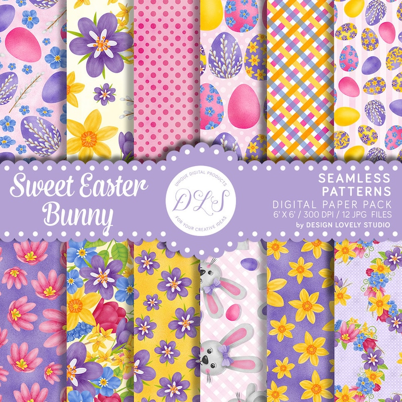 May include: A digital paper pack with 12 seamless patterns featuring Easter themes. The patterns include bunnies, eggs, flowers, polka dots, and checkered designs in shades of pink, yellow, blue, and purple.