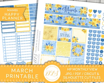 Happy Planner March Stickers, March Mambi Stickers, Monthly View Kit, Printable Planner Stickers, Spring Planner, Spring Stickers, HPMV118