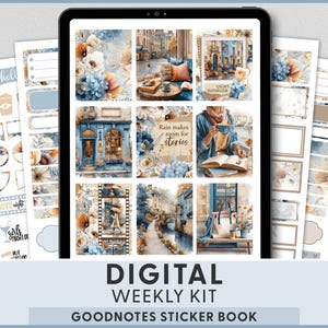 May include: A digital weekly kit sticker book displayed on a tablet screen, featuring blue and beige watercolor illustrations of city streets, floral arrangements, and cozy indoor scenes with the text Rain makes room for stories and quiet moments.