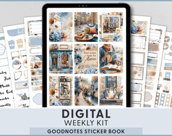 Cozy Reading Fall Digital Planner Stickers, GoodNotes iPad Weekly Kit, Rainy Bookshop, DG208