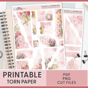 Adesivi stampabili di carta strappata, adesivi di carta strappata, kit adesivi per diario, floreale, acquerello, rosa, primavera, diario spazzatura estivo, JS145