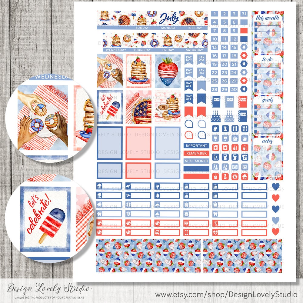 JULY Printable Planner Stickers, Mini Happy Planner JULY Stickers Kit ...