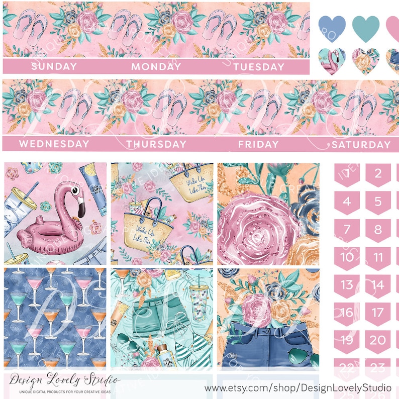 Happy Planner Printable Monthly Stickers, Beach Planner Stickers Kit ...