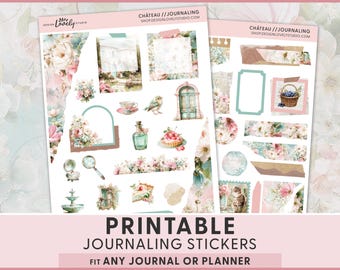 Adesivi romantici a tema castello per journaling, adesivi stampabili primaverili per agenda, scrapbooking, bullet journal, effimeri vintage in stile cottagecore, JS294
