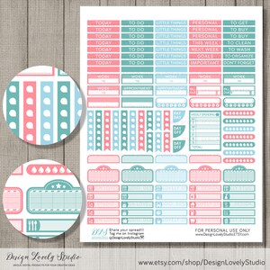 May include: A set of printable planner stickers in pink, blue, and green with various designs, including stripes, polka dots, and stars. The stickers feature text such as "Today", "To Do", "Little Things", "Personal", "Work", "Appointment", "Pay Day", "Day Off", "Weekly Spending", "Studio", "Design", and "Lovely".