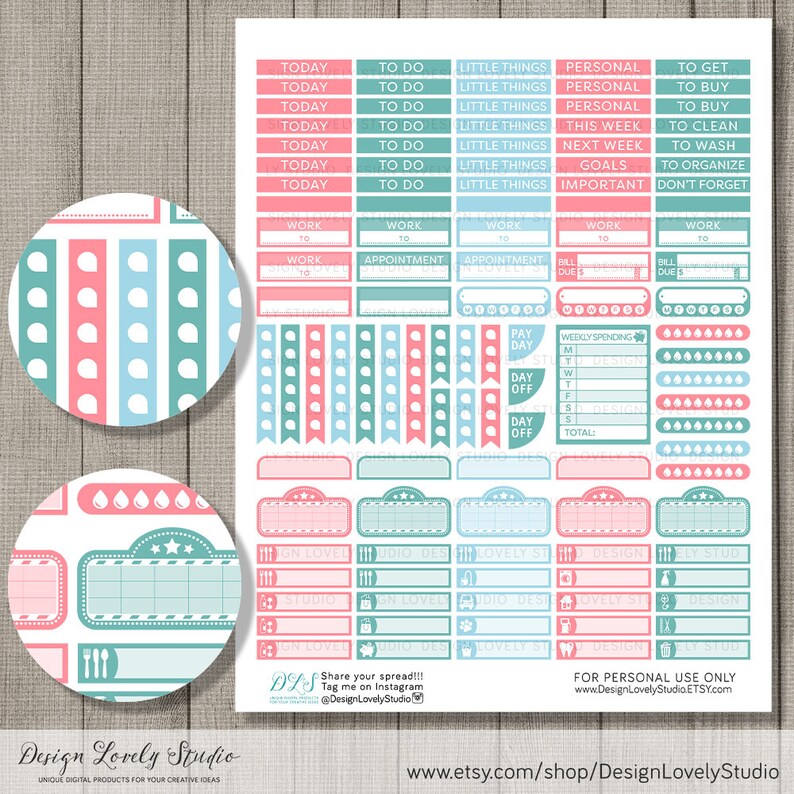 May include: A set of printable planner stickers in pink, blue, and green with various designs, including stripes, polka dots, and stars. The stickers feature text such as "Today", "To Do", "Little Things", "Personal", "Work", "Appointment", "Pay Day", "Day Off", "Weekly Spending", "Studio", "Design", and "Lovely".