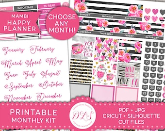Happy Planner Monthly Printable Stickers, Cricut Happy Planner Stickers, Printable Monthly Planner Kit, Black Pink Planner Stickers, HPE109