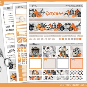 May include: A set of Halloween themed planner stickers featuring pumpkins, witches, ghosts, and the text "October". The stickers are in a watercolour style with black, white, orange, and grey colours.