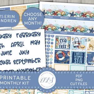 PRINTABLE Monthly Planner Stickers, Beach Planner Stickers Kit, August Planner Stickers, July Monthly Kit, ECLP Monthly Kit, ECE127