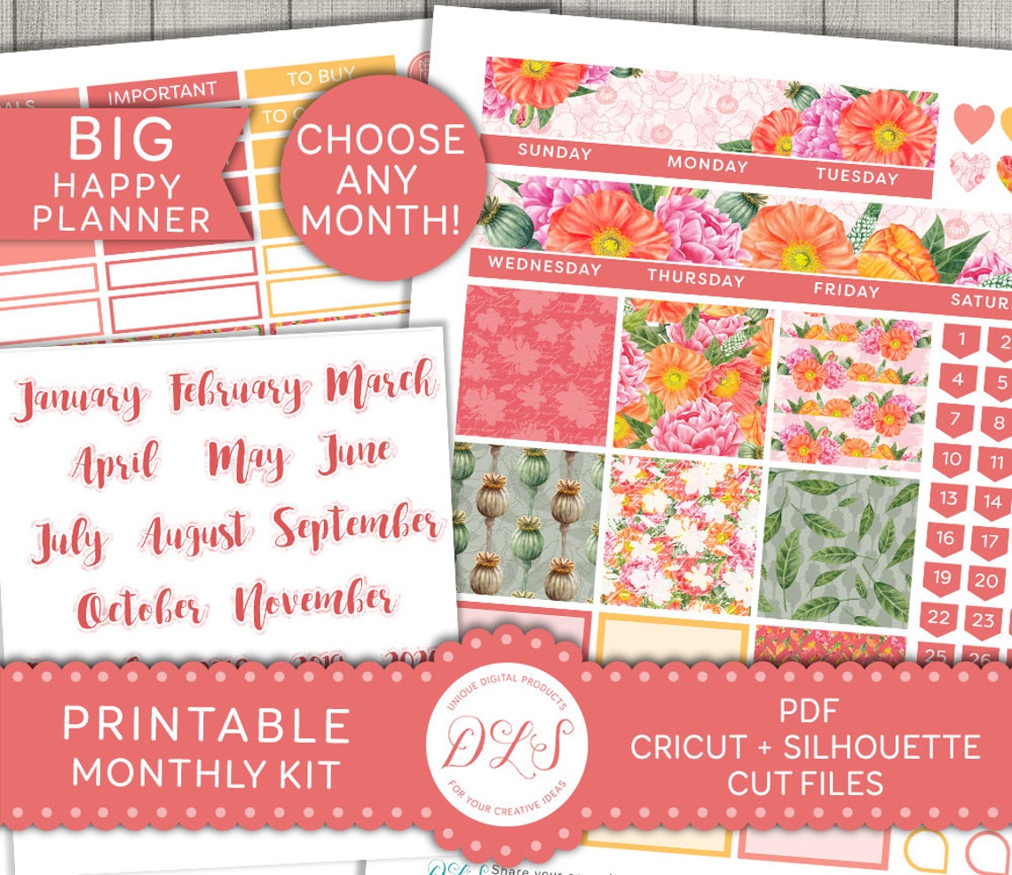 Printable Monthly Planner Stickers Big Happy Planner Monthly | Etsy