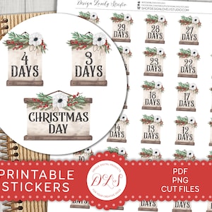Afdrukbare kerst countdown stickers, vakantie countdown stickers, kerst countdown afdrukbare, december planner stickers, DS138