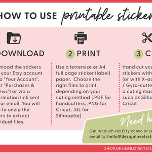 May include: A pink and green infographic with instructions on how to use printable stickers. The steps are download, print, and cut. The infographic includes icons for each step and a contact email address for help.