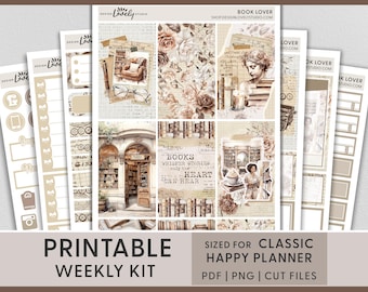 Book Lover Happy Planner Stickers, Printable Weekly Sticker Kit, Bookish, Bookworm, Library, Books and Coffee, Reading, Boho, HP270