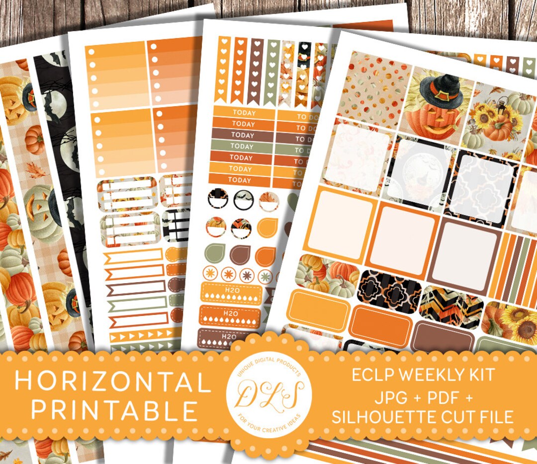 Halloween ECLP HORIZONTAL Printable Planner Stickers Weekly Kit Pumpkin ...